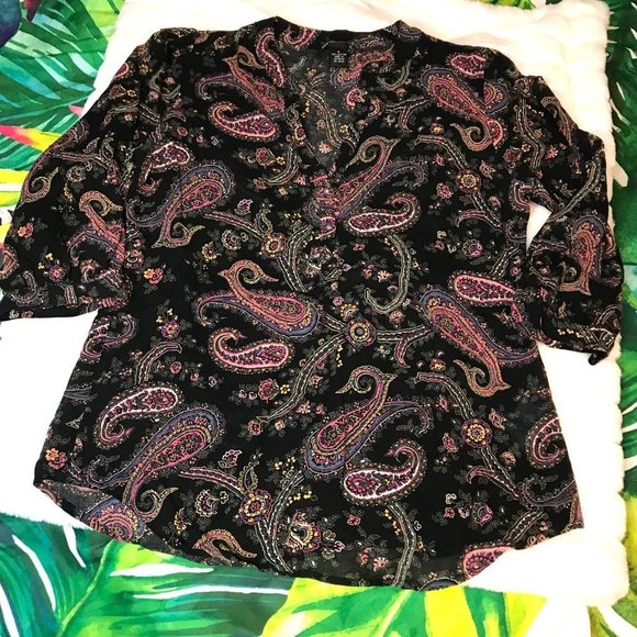 Y2K Lucky Brand Women's Small Black Pink Sheer Paisley Work Casual Office Blouse - Picture 7 of 10